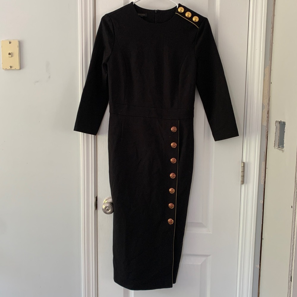 Escada Dhenia Black Button Sheath Dress Gold Trim 34 Military Midi 1008129 01